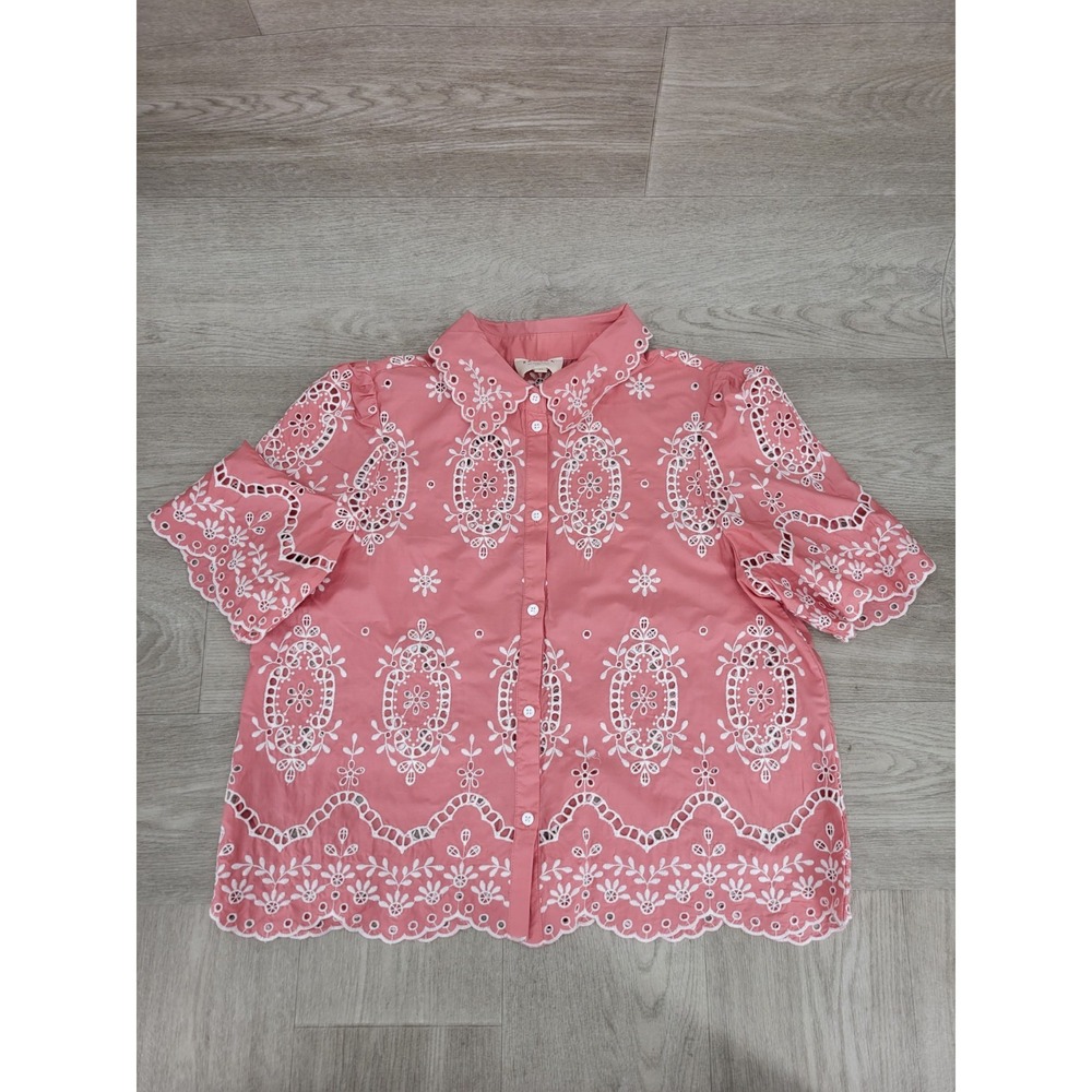 Sézane Elvira Blouse Women's US 8 EU 40 Pink White Broderie Anglaise Top